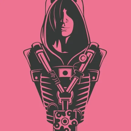 Dark hooded operator with harness on a pink background with the name Hibana