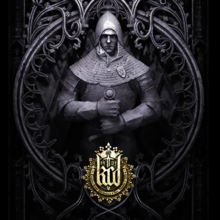 Black and white gothic artwork of a chainmail knight with sword inside ornate arches and a Kingdom Come crest