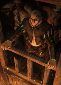 LumiPoster — Gwent warrior leaning on a wooden railing