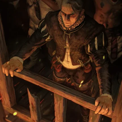 Grey-haired warrior in a ruffled collar leaning on a wooden railing