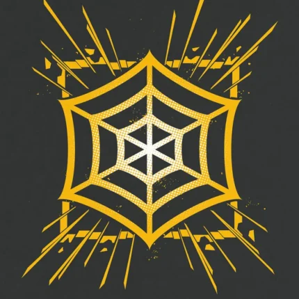 Golden hexagonal spider web emblem with radiating lines on a dark charcoal background