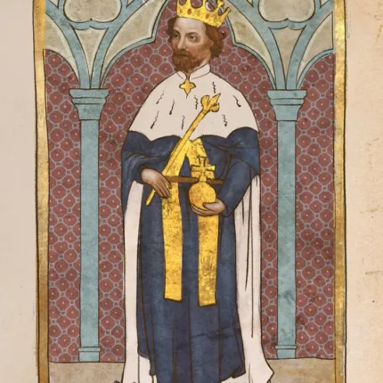 Medieval manuscript painting of a crowned king with scepter and orb under a Gothic arch