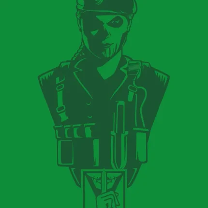 Green portrait of a soldier in a beret and tactical vest with the name Caveira below