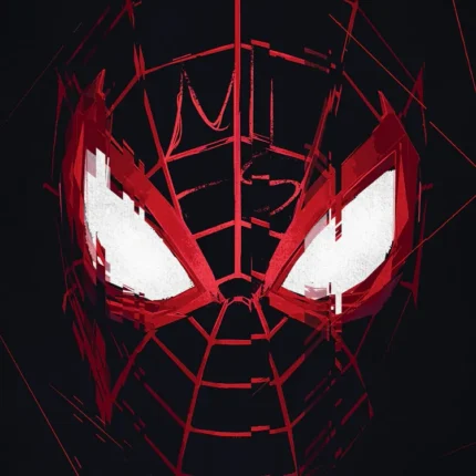 Spider-Man mask drawn with red brush strokes and white eyes on black