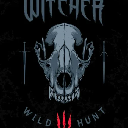 The Witcher Wild Hunt logo poster with a wolf skull and two swords