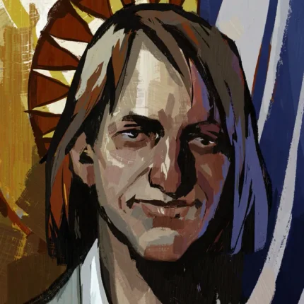 Painted portrait of a long-haired man in a white shirt with an orange sunburst behind his head