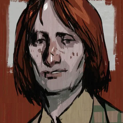 Painted portrait of a freckled red-haired person in a green plaid shirt on rust red