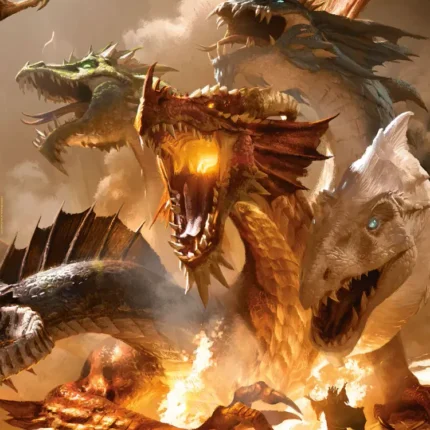 Multi-headed dragon roaring with fire and smoke in a warm fantasy scene