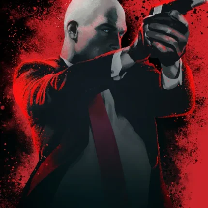 Bald agent in a suit aiming a pistol against red and black splatter background