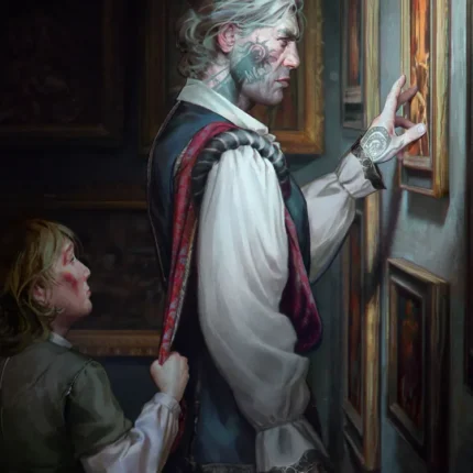 White-haired scarred man touching a framed painting with a child beside him
