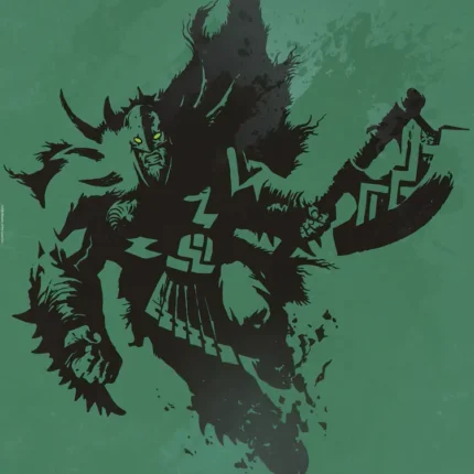 Black ink silhouette of an axe-wielding warrior on a textured green background