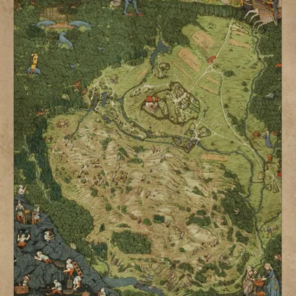 Antique illustrated map of a green medieval kingdom with forests, roads and a walled town