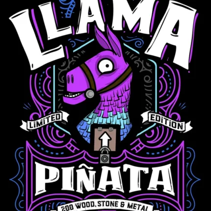 Purple llama pinata head with ornate frame and the text Llama Pinata on a black background