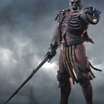 Armored warrior with a skull-like face and crown holding a long spear