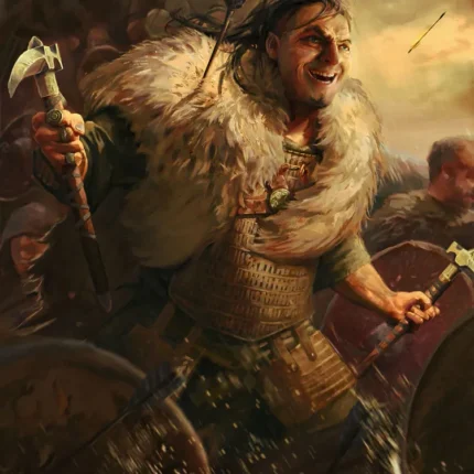 Grinning fur-cloaked warrior holding an axe and charging through water amid round shields