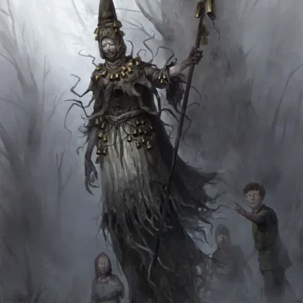 Tall root-like witch in a pointed hat holding a bell staff with three children in a foggy gray forest