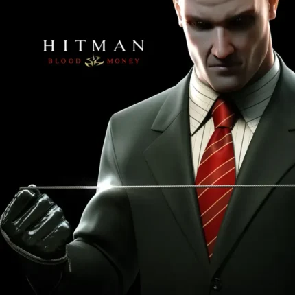 Bald man in a grey suit and red striped tie beside the Hitman Blood Money logo