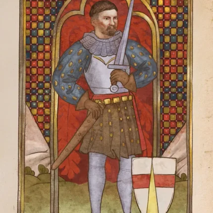 Medieval knight in armor holding a sword beside a heraldic shield in manuscript style