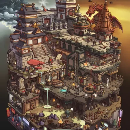 Multi-level fantasy tower complex with pagoda roofs, stairs and a red dragon on top