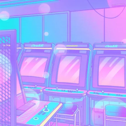 Row of retro arcade machines in a neon purple and cyan arcade lounge