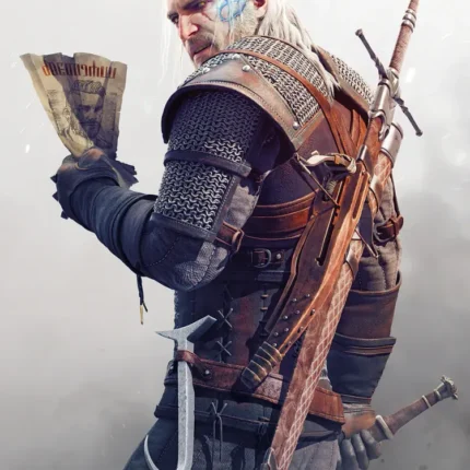 White-haired man in leather armor with swords on his back holding a paper