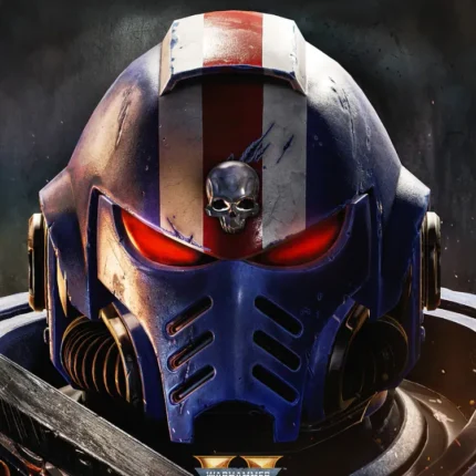 Blue Space Marine helmet with glowing red eyes and Warhammer Space Marine 2 logo
