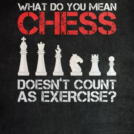 Humorous chess exercise text above six white chess pieces on a dark background