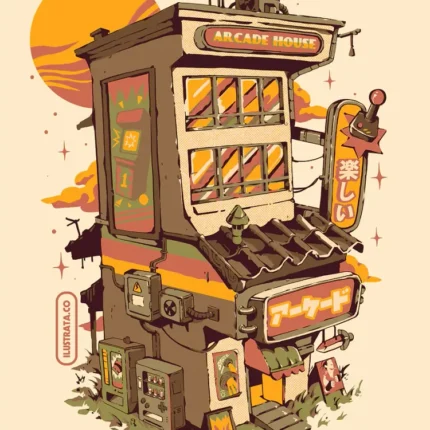 House built like an arcade machine with Arcade House sign, joystick and an orange sun behind