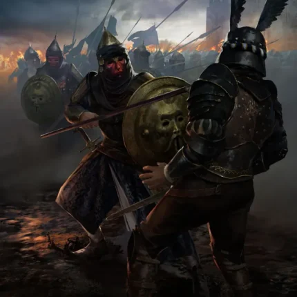 Armored knights with round shields fighting in a smoky field with fires in the distance