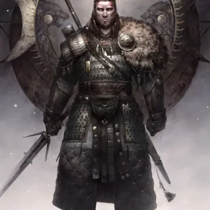 Armored warrior with a fur shoulder guard and sword in front of a large sun disc and crescent shapes