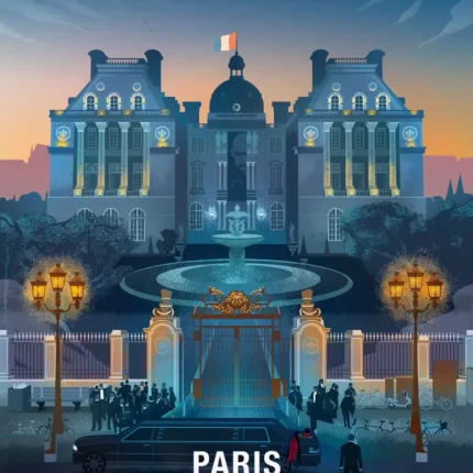 Travel-style poster of a Paris palace with a lit fountain and limousine labeled Paris France