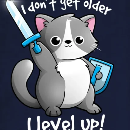Cartoon cat with a blue sword and shield and text I don't get older I level up