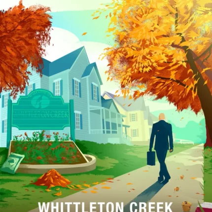 Autumn suburb scene with orange trees and a man with a briefcase labeled Whittleton Creek
