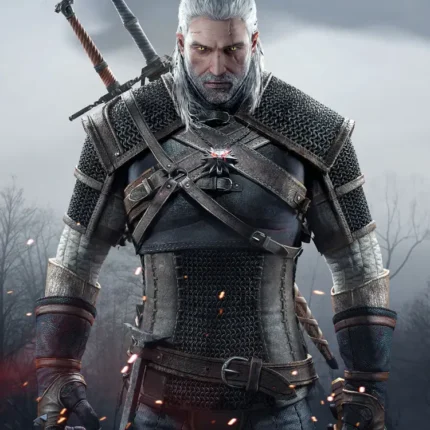 Silver-haired bearded warrior in studded armor with two swords and embers