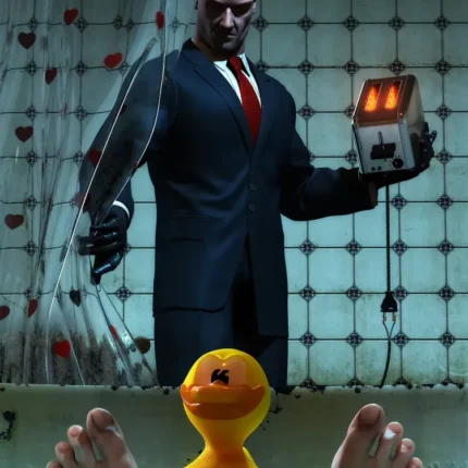 Bald man in a suit holding a toaster over a bathtub with a yellow rubber duck