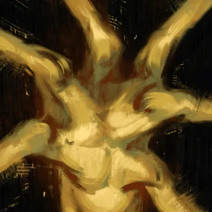 Golden figure with many arms reaching outward on a dark background