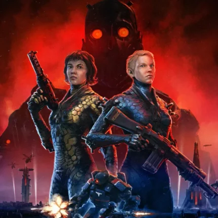 Two women with rifles in front of a giant robot head with glowing eyes and soldiers below