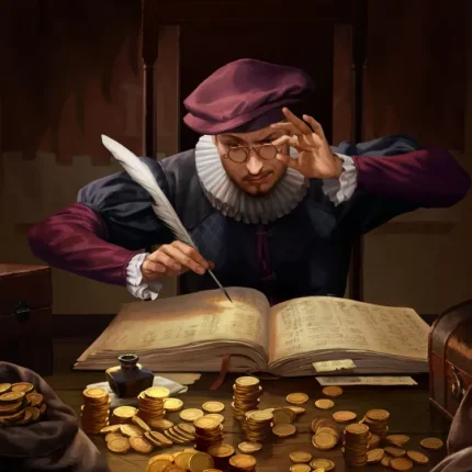 Clerk with a quill writing in a ledger among stacks of gold coins