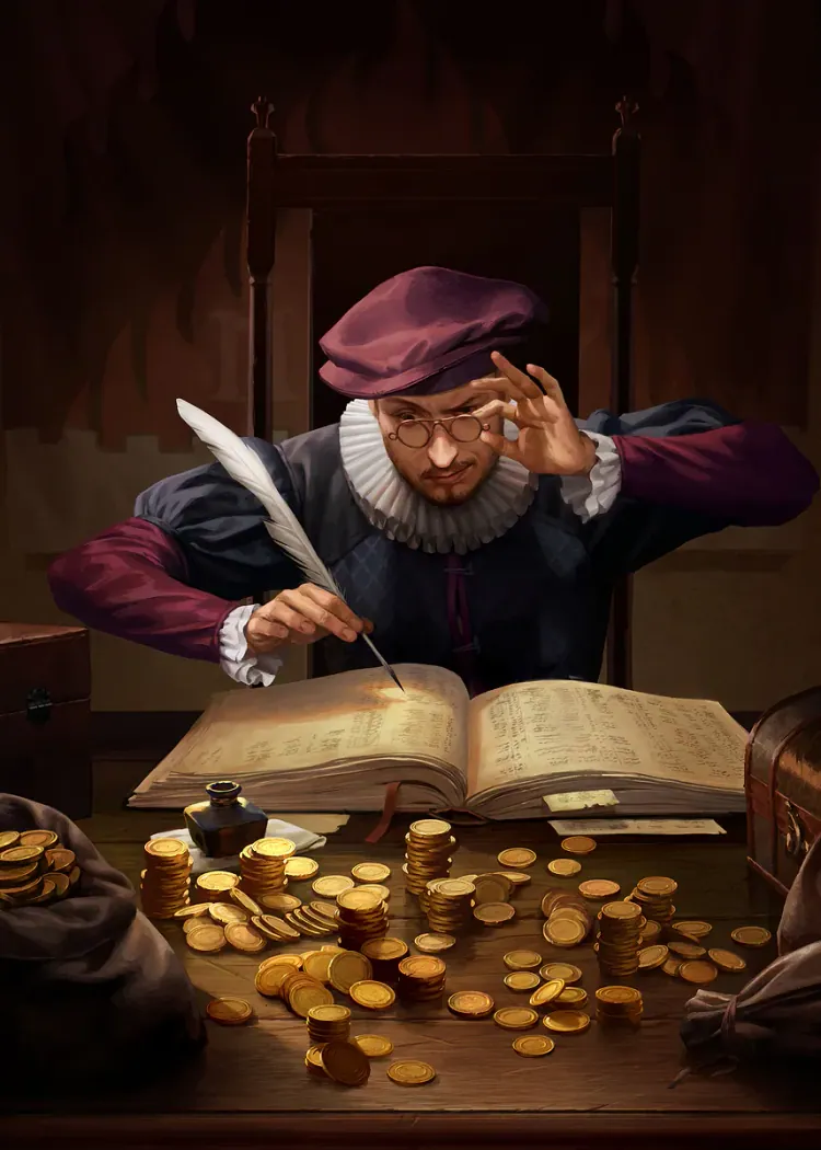 Gwent Currency Accountant Counting Gold Coins Art Poster Clerk with a quill writing in a ledger among stacks of gold coins