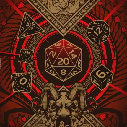 Dungeons & Dragons poster with a golden d20 and dice on a red ornate background with a horned skull