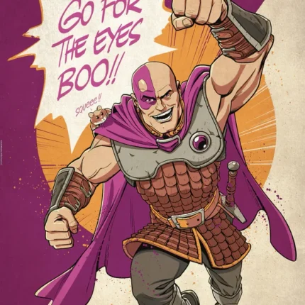 Comic illustration of a bald armored warrior in a purple cape with speech bubble Go for the eyes Boo