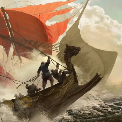 Wooden longship with a red sail and dragon prow crashing through white-capped waves