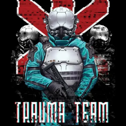 Armored trooper with helmet and rifle in front of a red emblem with the text Trauma Team