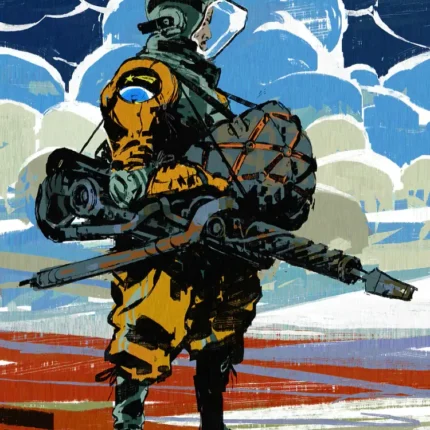 Helmeted warrior in a yellow suit with backpack and weapon in a field under clouds