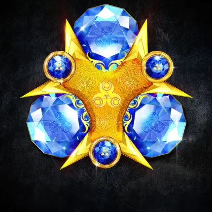 Three blue sapphire gems in a golden mount labeled Zora Sapphire