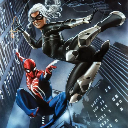 Spider-Man and a white-haired heroine in a black suit leaping between night skyscrapers