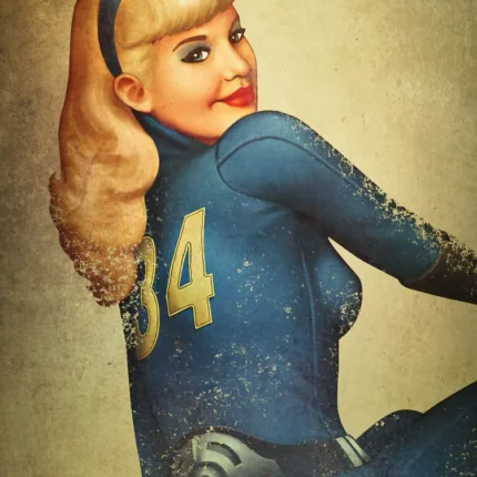 Vintage portrait of a smiling blonde woman in a blue jumpsuit numbered 34 with a utility belt
