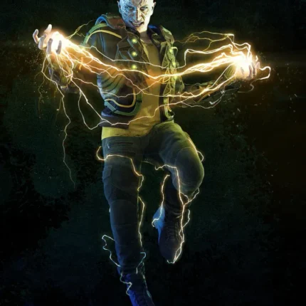 Bald man in a green jacket leaping with yellow lightning arcing between his hands on black