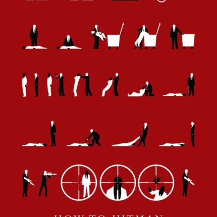 Red poster with rows of black and white silhouettes and crosshair circles titled How to Hitman