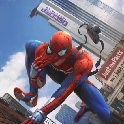 Spider-Man crouching on a rooftop with city buildings and blue sky behind